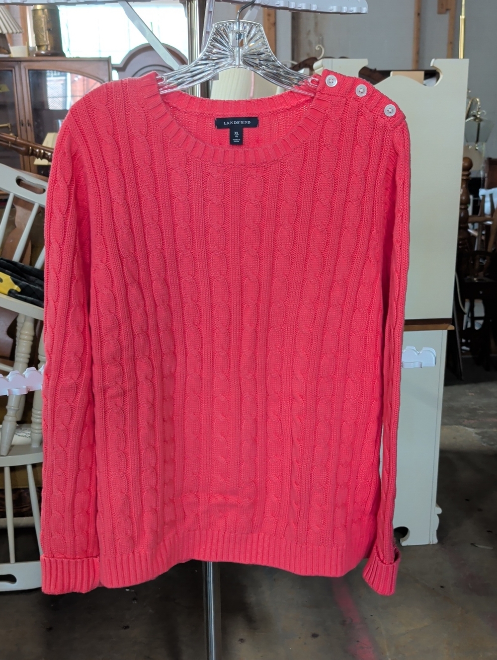 Lands' End Coral Cable Knit Button-Shoulder Sweater